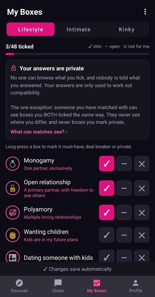 The My Boxes screen in Tick My Box, with Lifestyle boxes such as Monogamy and Polyamory answered using tick, dash and cross buttons