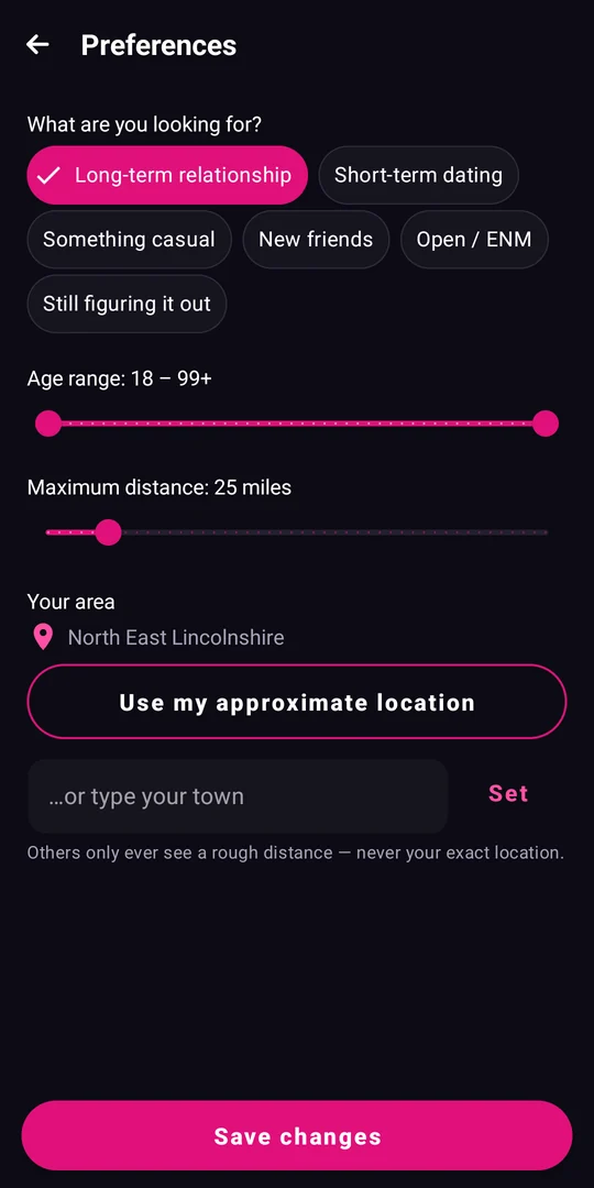 The Preferences screen in Tick My Box: what you're looking for, age range, maximum distance and your area, with a note that others only see a rough distance